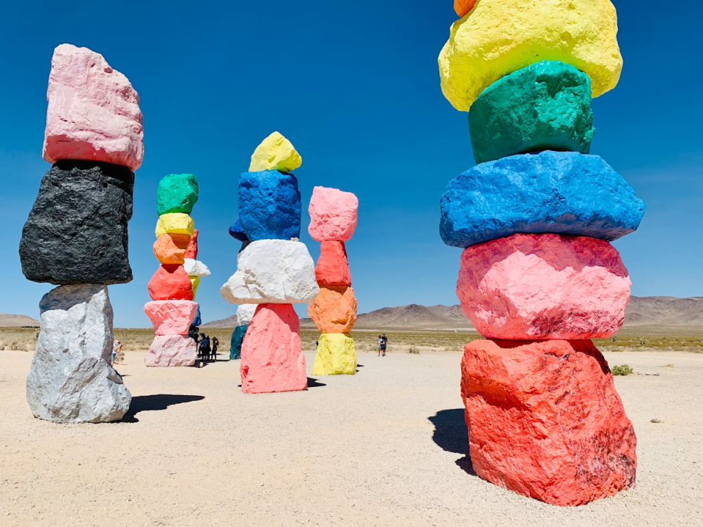 Seven Magic Mountains art installation near Las Vegas: neon-painted rock towers in the Mojave Desert
