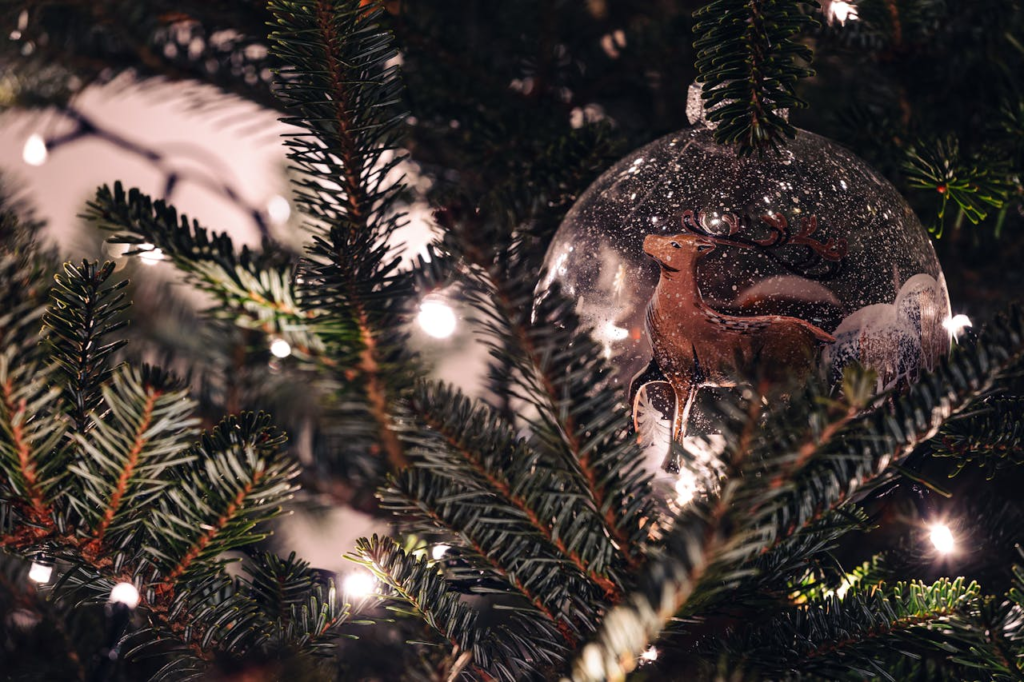 Scavenger hunt find: Reindeer ornament in tree